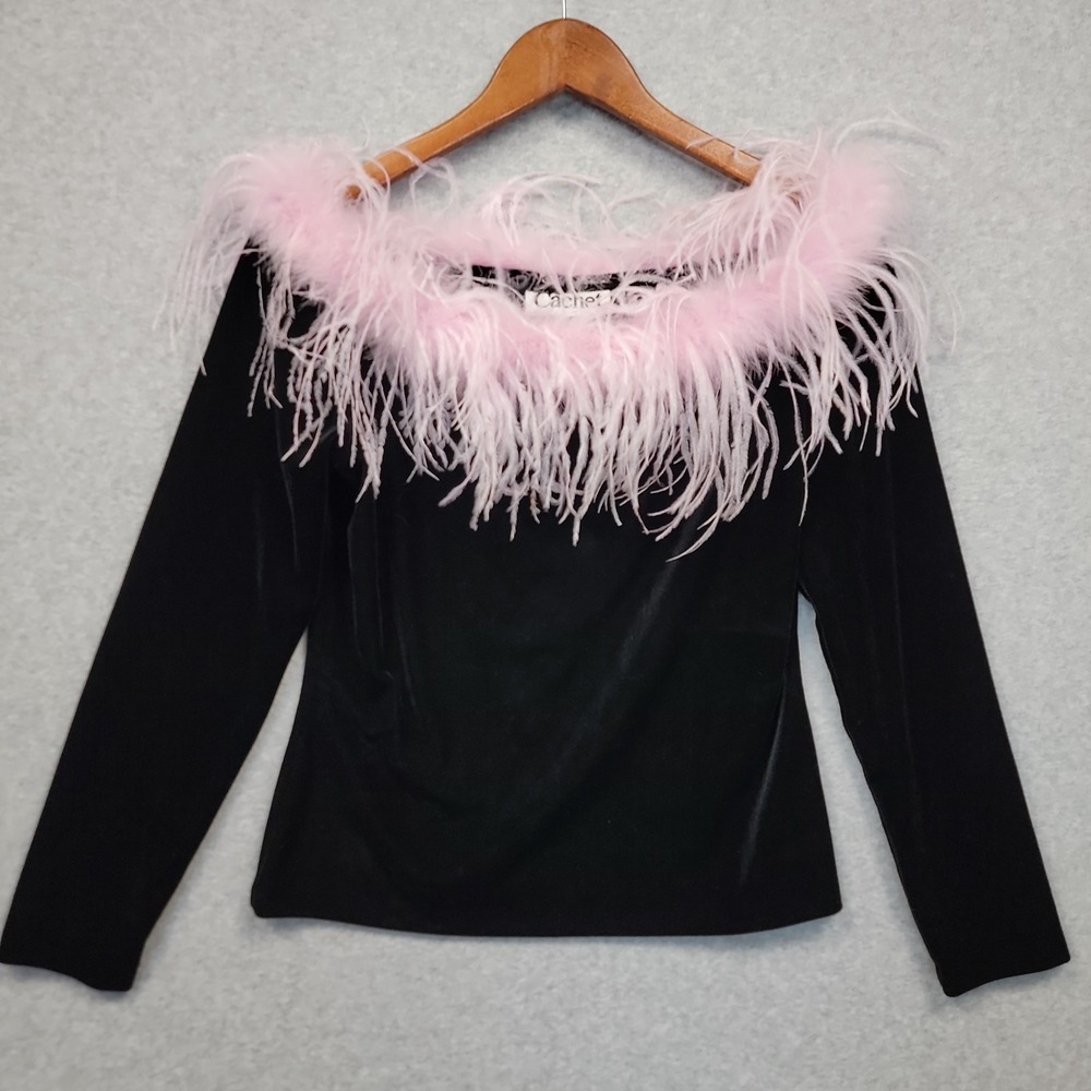 Vintage Cachet Off the Shoulder Pink Ostrich Feather Trim Black Velvet Top Sz M